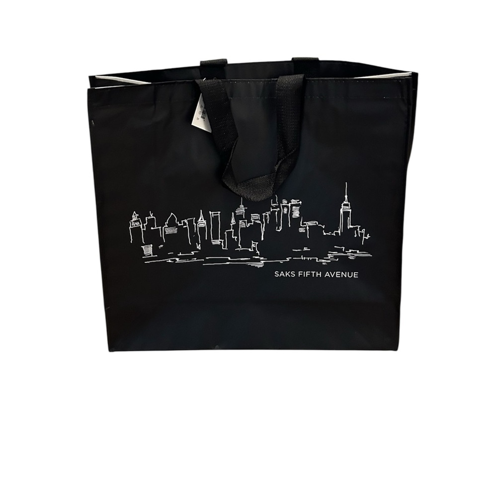 Saks Fifth Avenue Black reusable shopping tote with Skyline Design